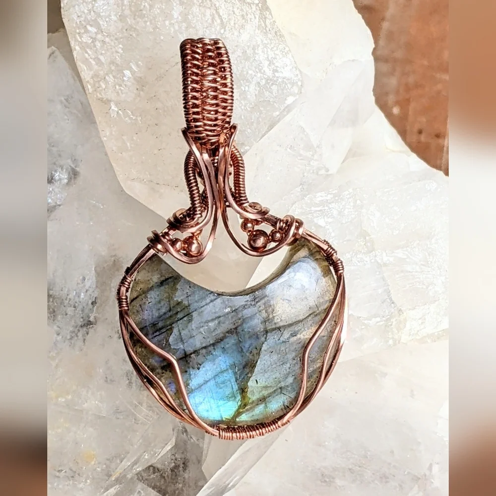 Ethereal Moon Pendant-Artisan-Blue Labradorite Gemstone-Copper Wire Wrap - Picture 5 of 17